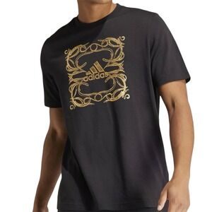 Adidas Men Black Gold Trefoil Logo Graphic 100% Cotton T Shirt XL #23